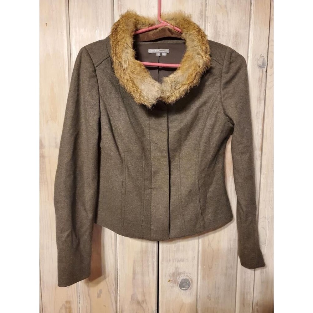 Bill Blass NY Jacket Blazer Size 6 Fur Trim Collar Gray Wool Blend Long Sleeves